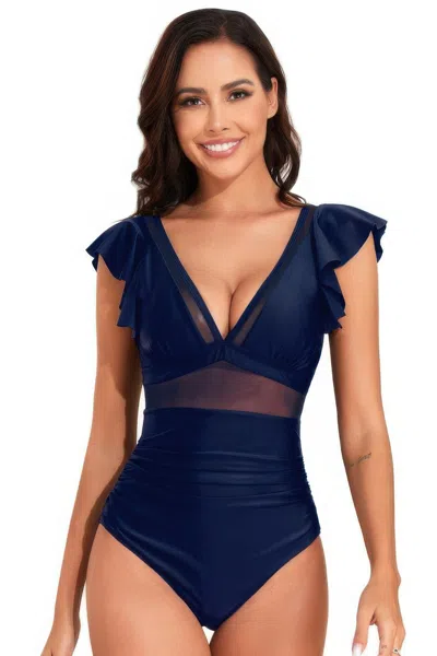 Truedames Deep V Neck Ruffle Color Block Lace Swimsuit In Blue