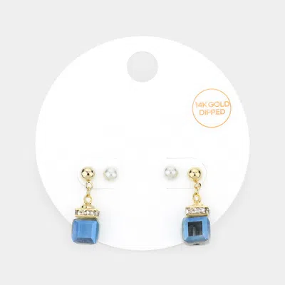 Fashnzfab 2pairs - 14k Gold Dipped Pearl Stud Square Dangle Earrings In Blue