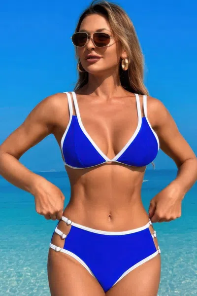 Truedames Two Pieces Color Block Cut Out Back Knot Bikini In Blue