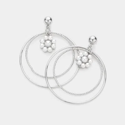 Fashnzfab Pearl Flower Accented Double Open Metal Circle Layered Dangle Earrings In Silver