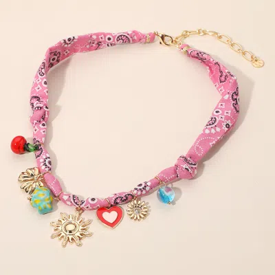 Fashnzfab Heart Bow Horseshoe Cowboy Boot Cross Charm Station Braided Fabric Necklace In Pink