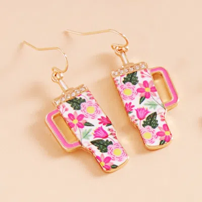 Fashnzfab Enamel Floral Pattern Tumbler Dangle Earrings In Pink