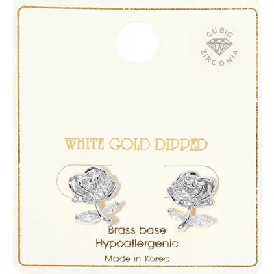 Fashnzfab White Gold Dipped Cz Stone Paved Rose Romance Stud Earrings In Silver