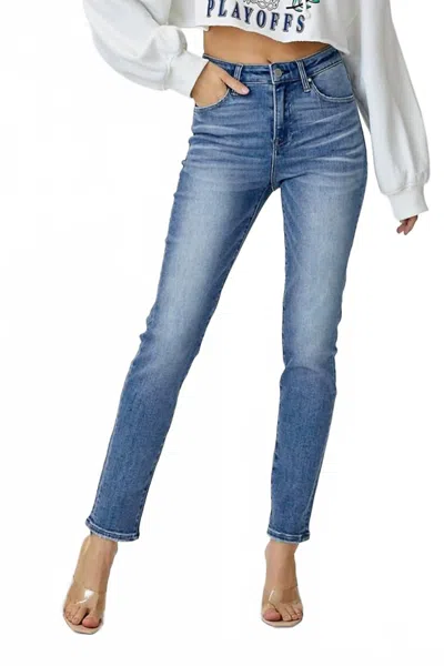 Risen Traci High Rise Crop Straight Jeans In Medium Blue In Blue
