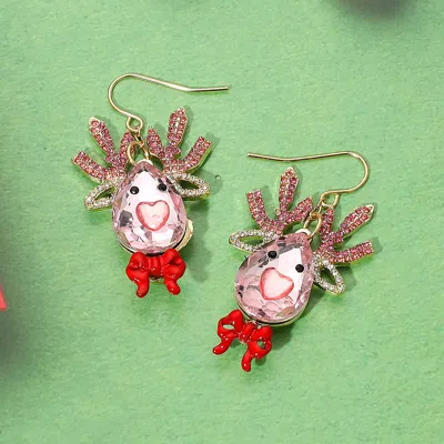 Fashnzfab Glittered Crystal Reindeer Dangle Earrings In Pink