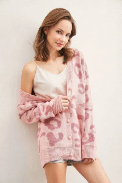 Truedames Leopard Button Down Cardigan In Pink