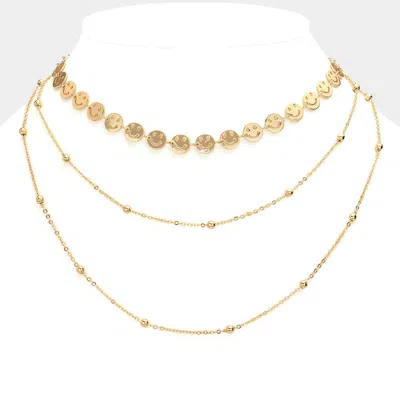 Fashnzfab Metal Smile Link Triple Layered Bib Necklace In Gold