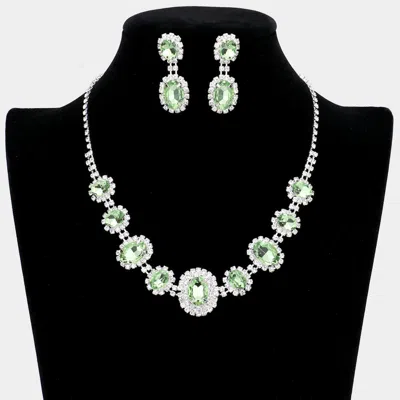 Fashnzfab Oval Stone Accented Rhinestone Trimmed Necklace In Green