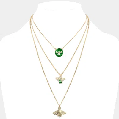 Fashnzfab Enamel Rhinestone Embellished Honey Bee Pendant Triple Layered Necklace In Green