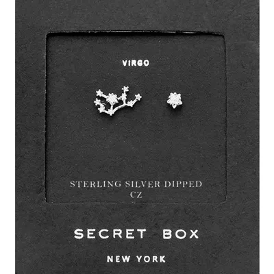 Fashnzfab Secret Box_sterling Silver Dipped Cz Stone Paved Virgo Zodiac Sign Stud Earrings In Silver