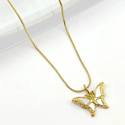 Fashnzfab Stainless Steel Mother Of Pearl Butterfly Pendant Necklace In Gold