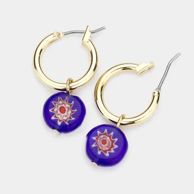 Fashnzfab Patterned Round Dangle Metal Hoop Pin Catch Earrings In Blue