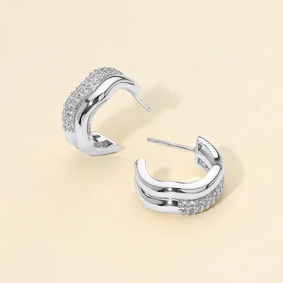 Fashnzfab 14k Gold Dipped Cz Stone Paved Wavy Mini Huggie Hoop Earrings In Silver