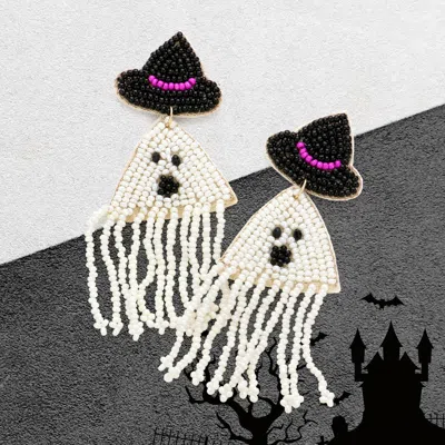 Fashnzfab Felt Back Seed Beaded Witch Hat Ghost Fringe Dangle Earrings In White