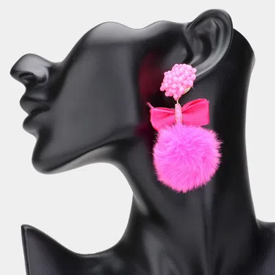 Fashnzfab Faceted Beaded Bow Pointed Pom Pom Dangle Earrings In Pink