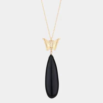 Fashnzfab Butterfly Natural Stone Teardrop Link Pendant Long Necklace In Black