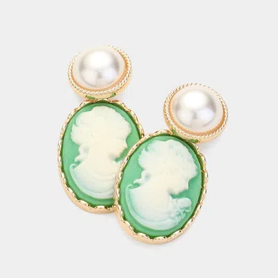 Fashnzfab Pearl Pointed Cameo Dangle Earrings In Green