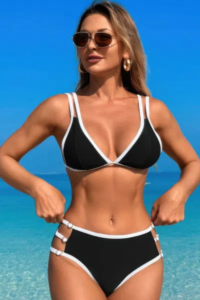 Truedames Two Pieces Color Block Cut Out Back Knot Bikini In Black