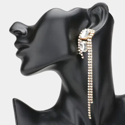 Fashnzfab Double Rectangle Stone Cluster Pointed Rhinestone Paved Fringe Evening Earrings In Gold