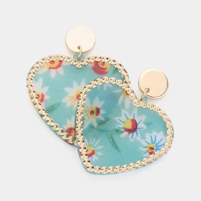 Fashnzfab Flower Patterned Resin Heart Dangle Earrings In Blue