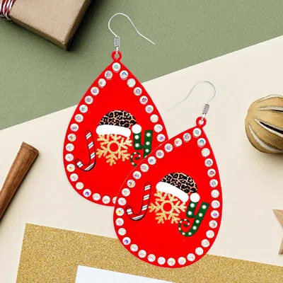 Fashnzfab Joy Message Printed Stone Trimmed Metal Teardrop Dangle Earrings In Red