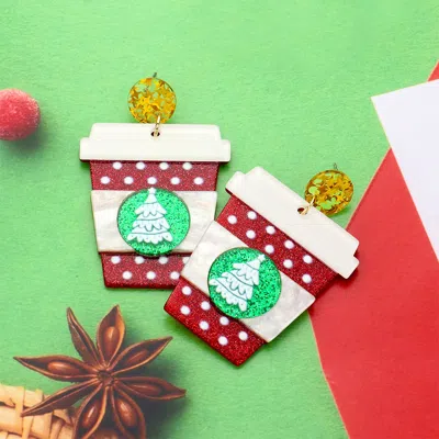 Fashnzfab Glittered Resin Christmas Drink Dangle Earrings In Red