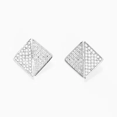 Fashnzfab White Gold Dipped Cz Pearl Embellished Geometric Stud Earrings In White