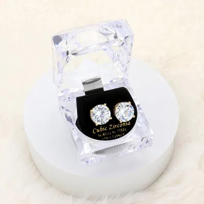 Fashnzfab 12mm Round Cut Crystal Cubic Zirconia Cz Stud Earrings With Clear Box In Gold