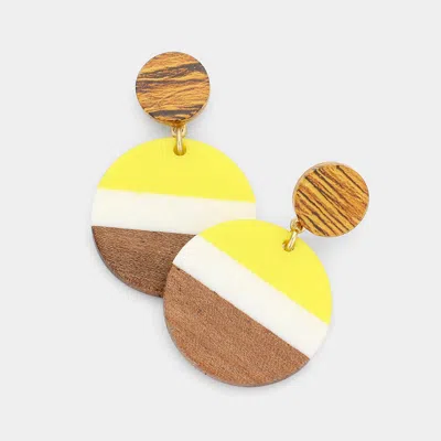 Fashnzfab Color Block Wood Resin Round Dangle Earrings In White