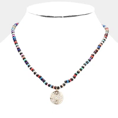 Fashnzfab Evil Eye Accented Rhinestone Embellished Round Pendant Beaded Necklace In Black