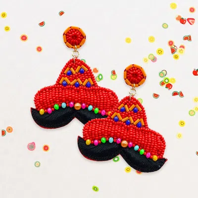 Fashnzfab Felt Back Seed Beaded Hat Mustache Dangle Earrings In Red