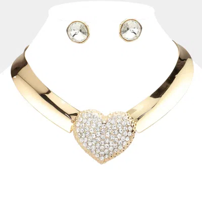 Fashnzfab Heart Rhinestone Paved Pendant Accented Metal Evening Choker Necklace In Gold