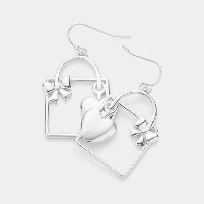 Fashnzfab Metal Heart Ribbon Gift Box Dangle Earrings In Silver
