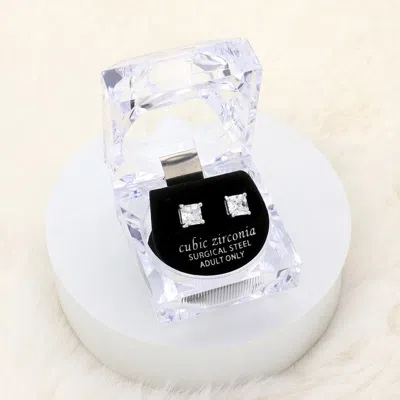 Fashnzfab 6mm Square Crystal Cubic Zirconia Cz Stud Earrings With Clear Box In Silver