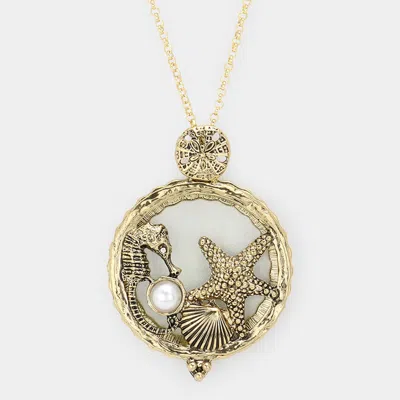 Fashnzfab Seahorse Starfish Shell Pearl Magnifying Glass Pendant Long Necklace In Gold