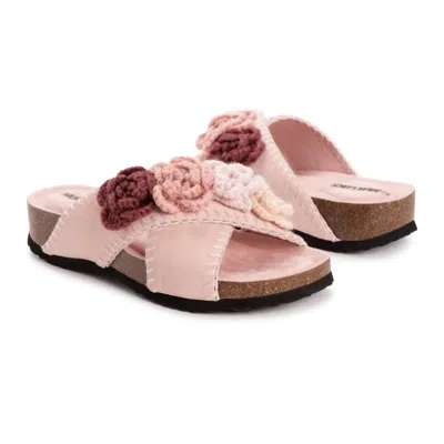 Muk Luks Women's Penelope Crochet Floral Cross Strap Sandal Slide In Pink In Pink