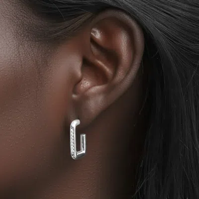 Fashnzfab White Gold Dipped Cz Stone Paved Mini Square Hoop Earrings In Metallic