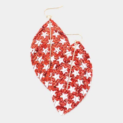 Fashnzfab Metal Bar Bling Glitter Star Pattern Accented Feather Earrings In Red