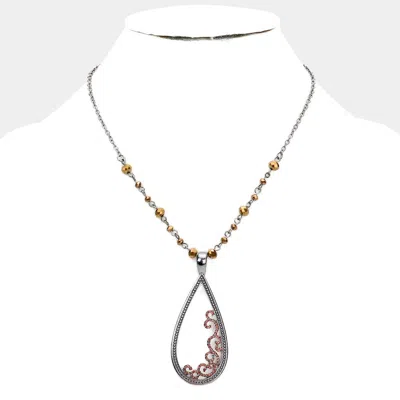 Fashnzfab Rhinestone Embellished Open Metal Teardrop Pendant Necklace In Metallic