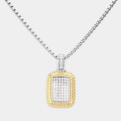 Fashnzfab Cz Stone Paved Rectangular Pendant Necklace In White