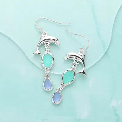 Fashnzfab Metal Dolphin Pointed Teardrop Stone Cluster Link Dropdown Earrings In Blue