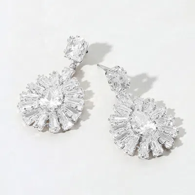 Fashnzfab Baguette Stone Rim Teardrop Cz Stone Cluster Dangle Evening Earrings In Metallic