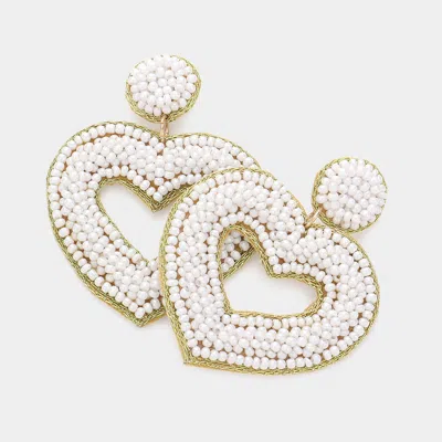 Fashnzfab Felt Back Seed Beaded Open Heart Dangle Earrings In White