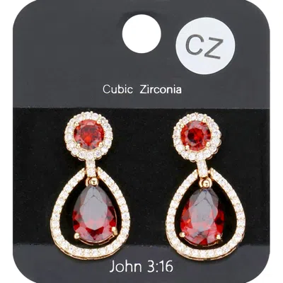 Fashnzfab Cz Round Teardrop Stone Link Dangle Evening Earrings In Red