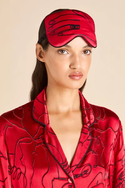 Olivia Von Halle Audrey Costes Red Figures Eye Mask In Silk Satin In Brown