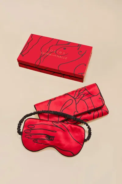 Olivia Von Halle Audrey Costes Red Figures Eye Mask In Silk Satin In Brown