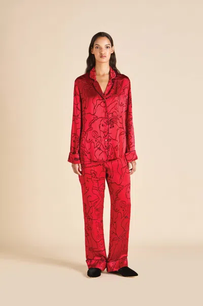 Olivia Von Halle Lila Liaisons Red Figures Pyjamas In Silk Devoré In Brown