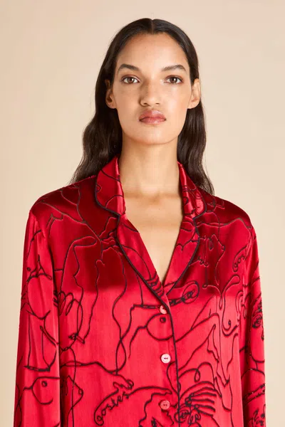 Olivia Von Halle Lila Liaisons Red Figures Pyjamas In Silk Devoré In Brown