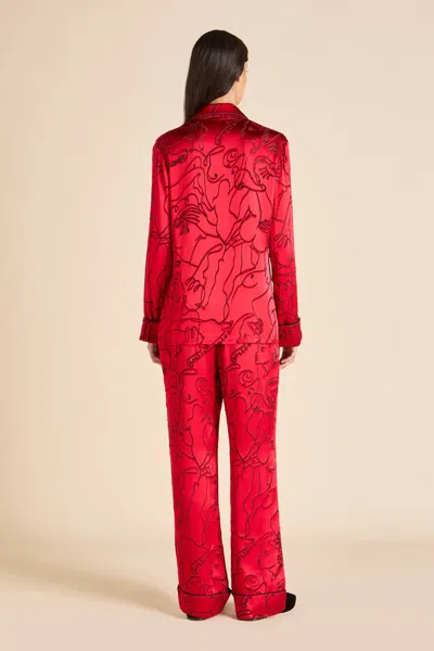 Olivia Von Halle Lila Liaisons Red Figures Pyjamas In Silk Devoré In Brown