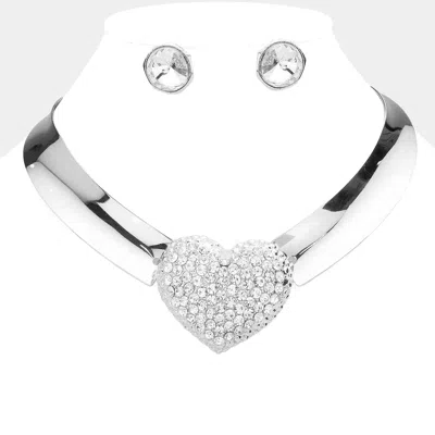 Fashnzfab Heart Rhinestone Paved Pendant Accented Metal Evening Choker Necklace In Metallic